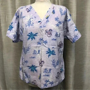 Lavender Palms, Pineapples and Hibiscus Scrub Top | M